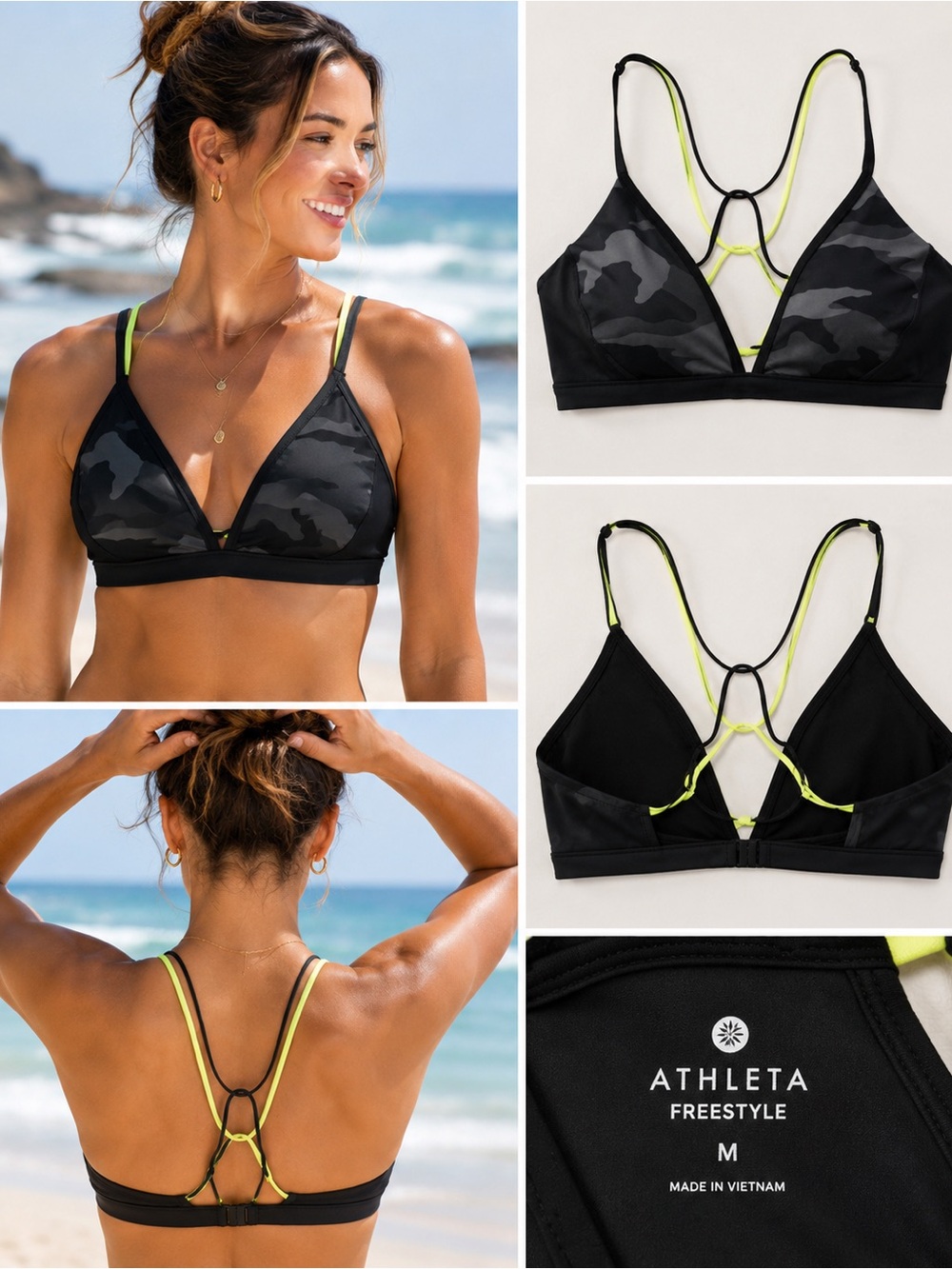 Athleta Freestyle Bikini Top Black Camo Neon Strappy Swim Top Size M
